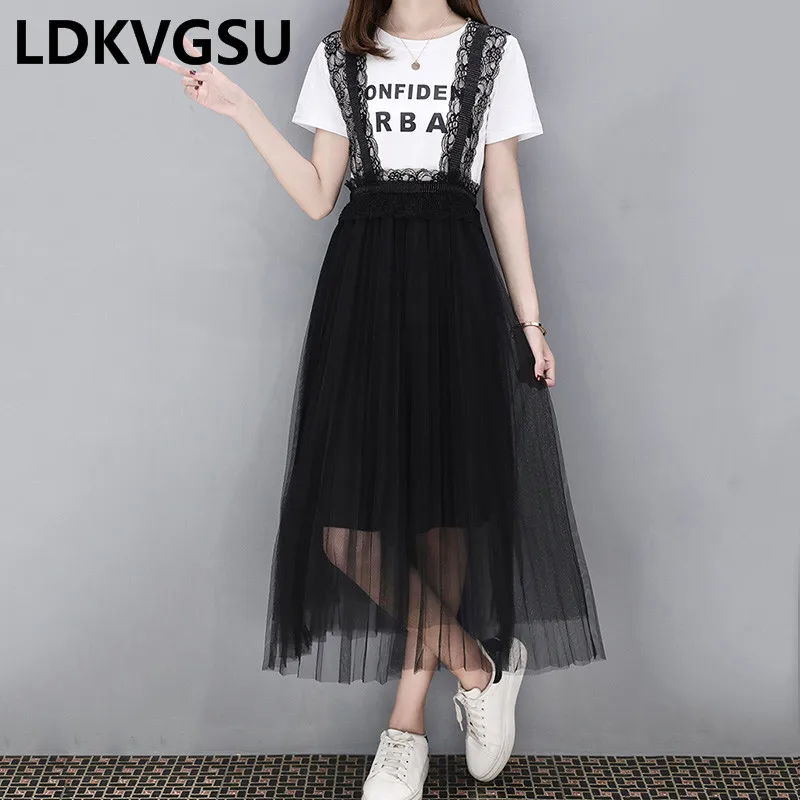 Женское платье большого размера белая футболка с эластичной талией черное