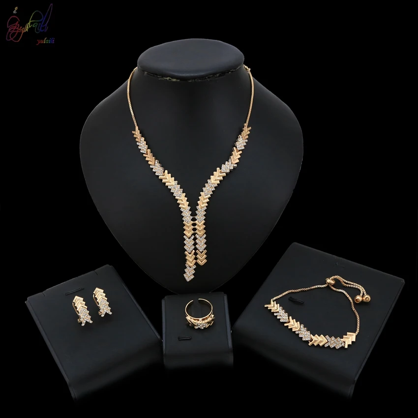 

Yulaili Длинная цепочка, Модные Ювелирные наборы, ожерелье со стразами, серьги браслеты, кольца, женские модные свадебные подарки