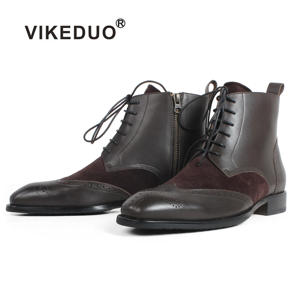 

Ботинки VIKEDUO мужские с квадратным носком, натуральная телячья кожа, патина, ботинки-броги ручной работы, повседневные Лоскутные, до щиколотк...