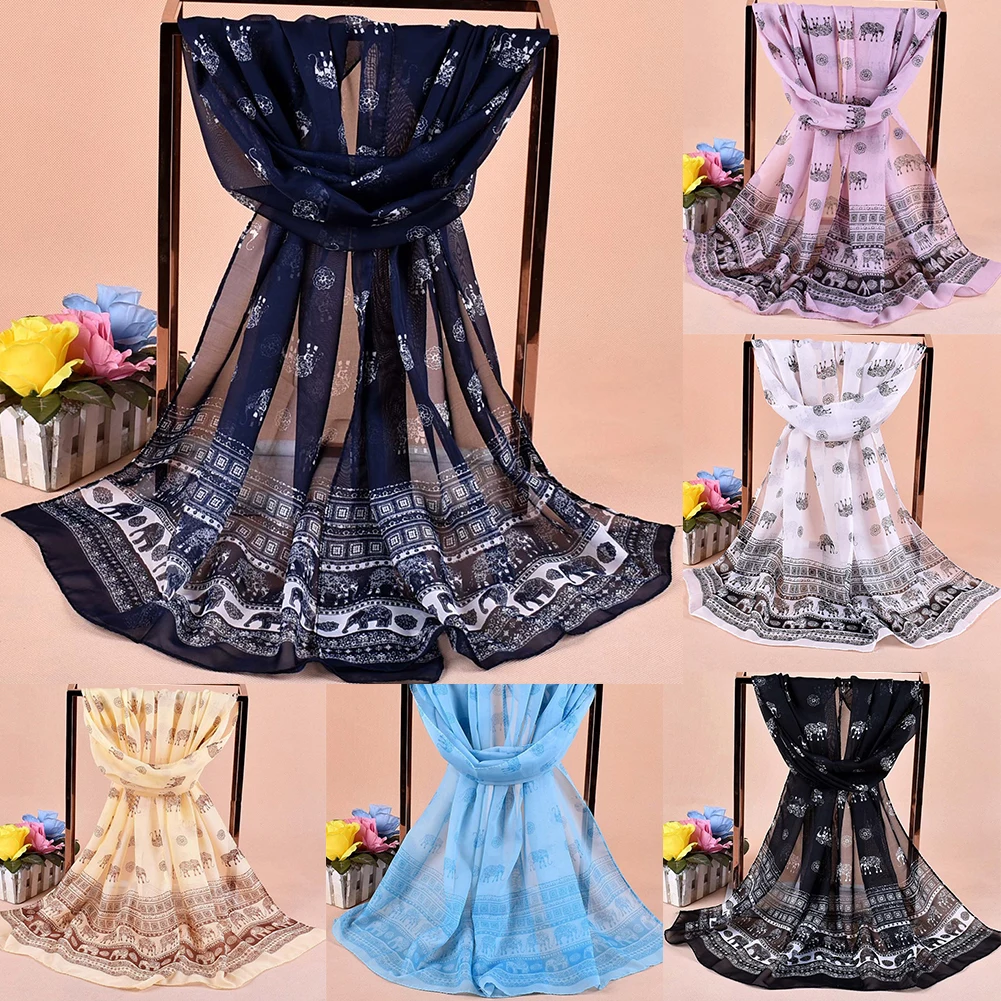 Мода Слон Pattern шифон Для женщин мягкие дышащие длинный шарф Средства ухода за