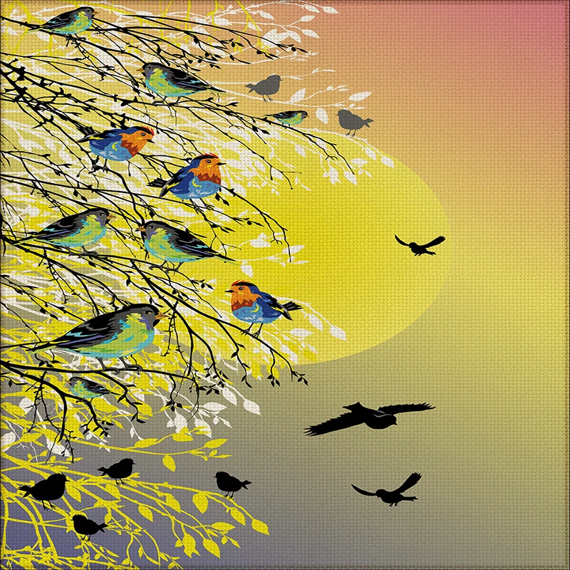 Decoration Carpet Accessories Living Room Bedroom Sunset Birds Tree Branch Illustration Colorful Shapes Yellow Black Blue Brown | Дом и сад