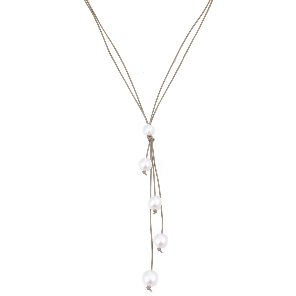 

Lureme Freshwater Pearl Khaki Leather Choker Necklace for Girls Gift with White Pearl Pendant Long Necklace (nl005422)