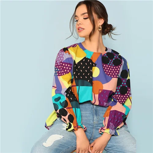 Многоцветный Dotfashion размера плюс, туника с смешанным принтом, топы для женщин, Повседневная летняя одежда с круглым вырезом и длинным рукавом, цветная Геометрическая опрятная блузка - Цвет: Многоцветный