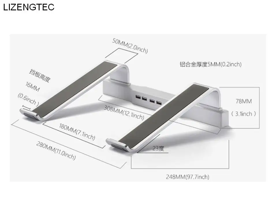 Бесплатная доставка LIZENGTEC Алюминиевая Подставка для ноутбука с 4 портами USB 2 0