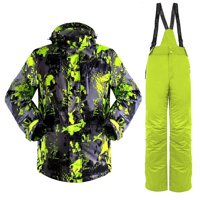 map green yellow Новые высококачественные, мужские лыжные куртки и штаны, комплекты для сноуборда, толстый теплый водонепроницаемый ветрозащитный зимний мужской лыжный костюм - Цвет: map green yellow