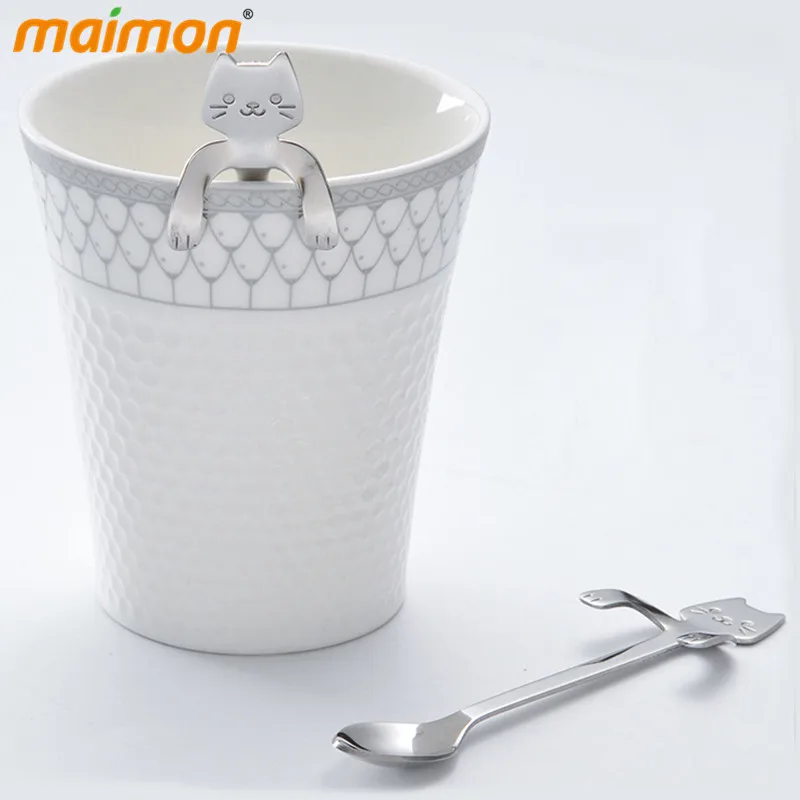 1pcs Stainless Steel Cat Spoon Hanging Long Handled Metal Coffee Mixing Stirring Teaspoon Dessert Snacks Scoop Tableware | Дом и сад