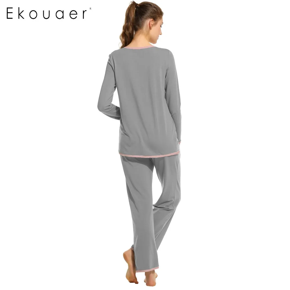 Ekouaer/Хлопковая пижама ночное белье женский длинный пижамный комплект Дамская