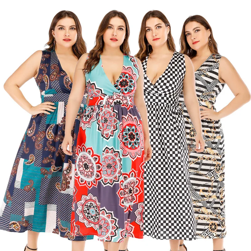 Женское пляжное платье с v-образным вырезом длинное большого размера цветочным