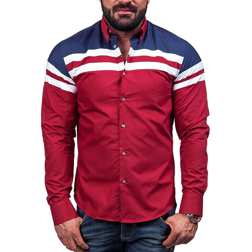 Turn Down Collar Striped Long Sleeve Shirt Color Block Casual Men Slim Fit Top | Мужская одежда