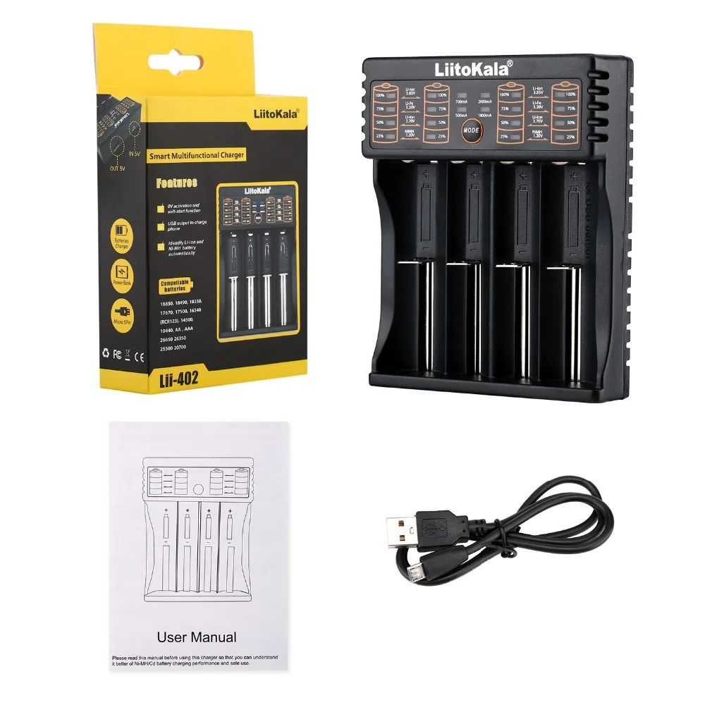 Liitokala Lii 402 18650 Батарея Зарядное устройство для 26650 16340 RCR123 14500 LiFePO4 1.2 В Ni MH Cd Rechareable