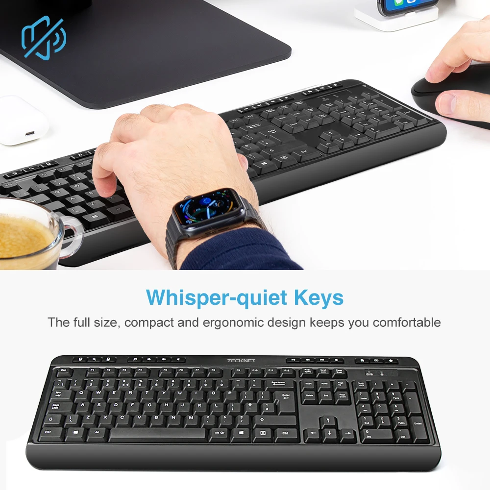 TeckNet 2.4Ghz Ergonomic Wireless Keyboard with Mouse Combo Set for Desktop Computer with Multimedia Key UK Keyboard Layout