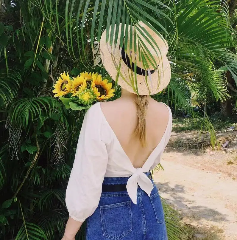 2019 Летняя женская белая хлопковая льняная блузка с рукавами фонариками и