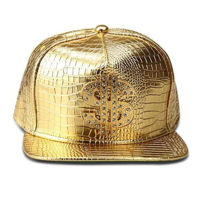 Seioum-sombreros de cuero sintético con diamantes de imitación para hombre y mujer, gorras de béisbol con logotipo de dólar Vogue, Cocodrilo, hip hop, rap, con diamantes de imitación dorados