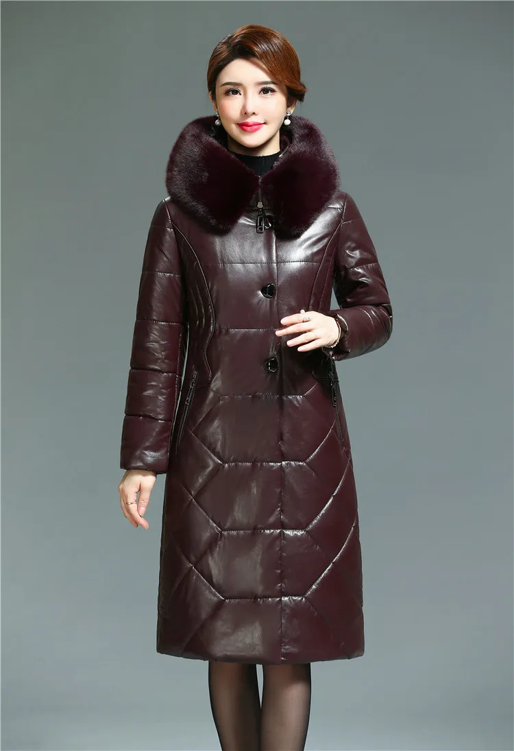 New Winter Women Leather Thicken Jacket 6XL Ladies Fur Collar Hooded Coats Cotton Padded Outwear Middle-aged Female Parkas
