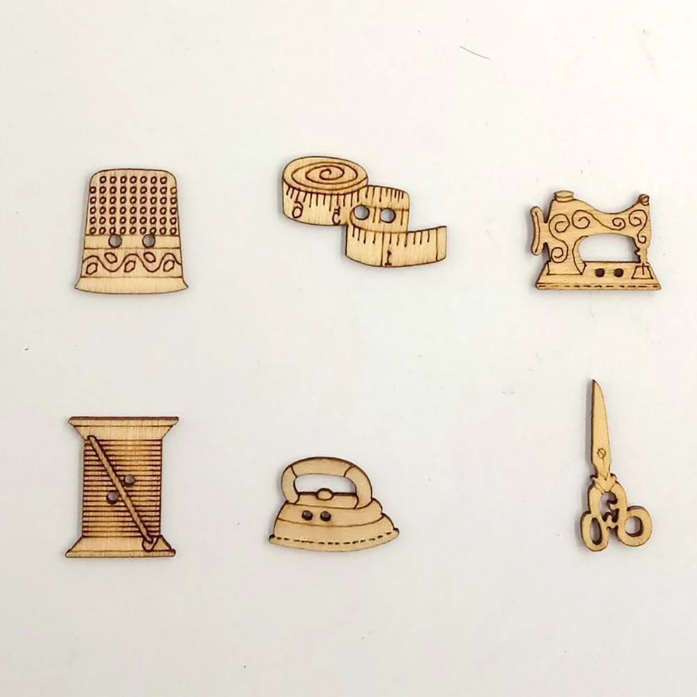 50Pcs Cute Sewing Tool Shape Wooden Buttons DIY Needlework Scrapbooking Craft | Дом и сад