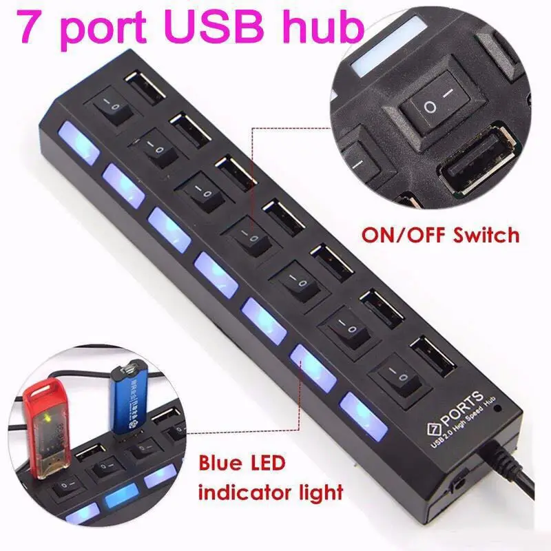 BASIX 7 Port USB HUB Usb 2.0 Hub Multi Splitter with on/off Switch Power Adapter for MacBook PC Notebook Laptop | Компьютеры и офис