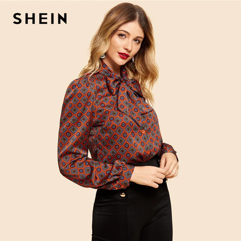 SHEIN Нарядная Блузка С Винтажным Принтом И Бантом Офисная Длинным Рукавом| |