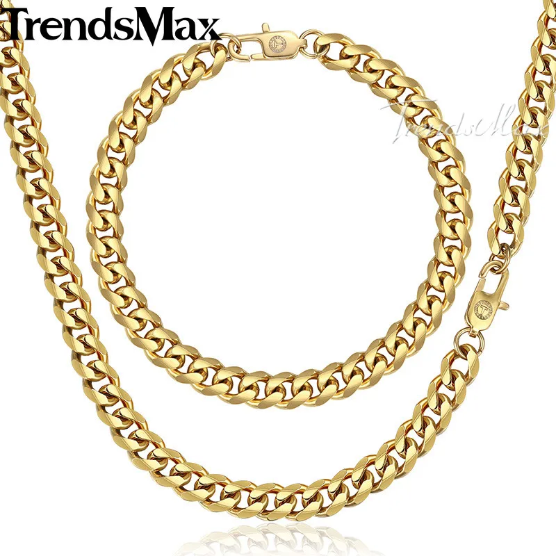 Trendsmax, полированный ювелирный набор, ожерелье для мужчин, нержавеющая сталь, мужской браслет, кубинская цепочка, золото, черное серебро, KKSM01