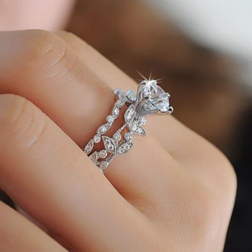 2 in 1 Leaf Design Shiny Zircon Finger Ring Set Luxury Women's Wedding Jewelry | Украшения и аксессуары
