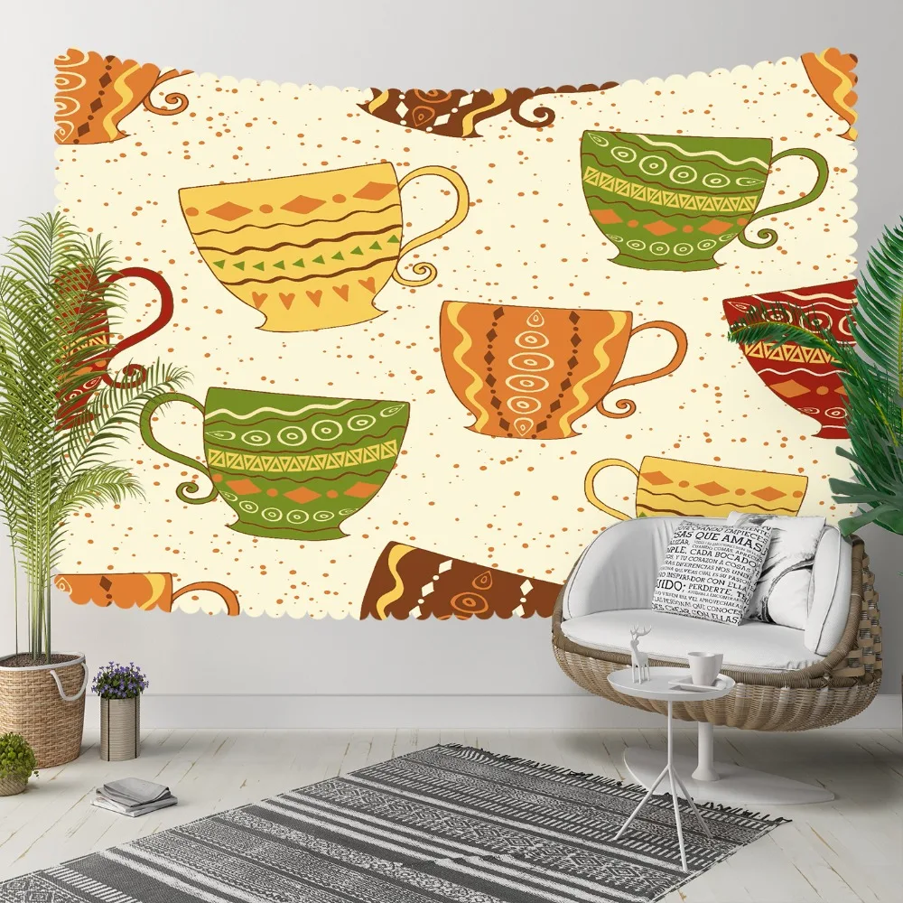 

Else Cream Floor Brown Green Yellow Tea Cups Ethnic 3D Print Decorative Hippi Bohemian Wall Hanging Landscape Tapestry Wall Art