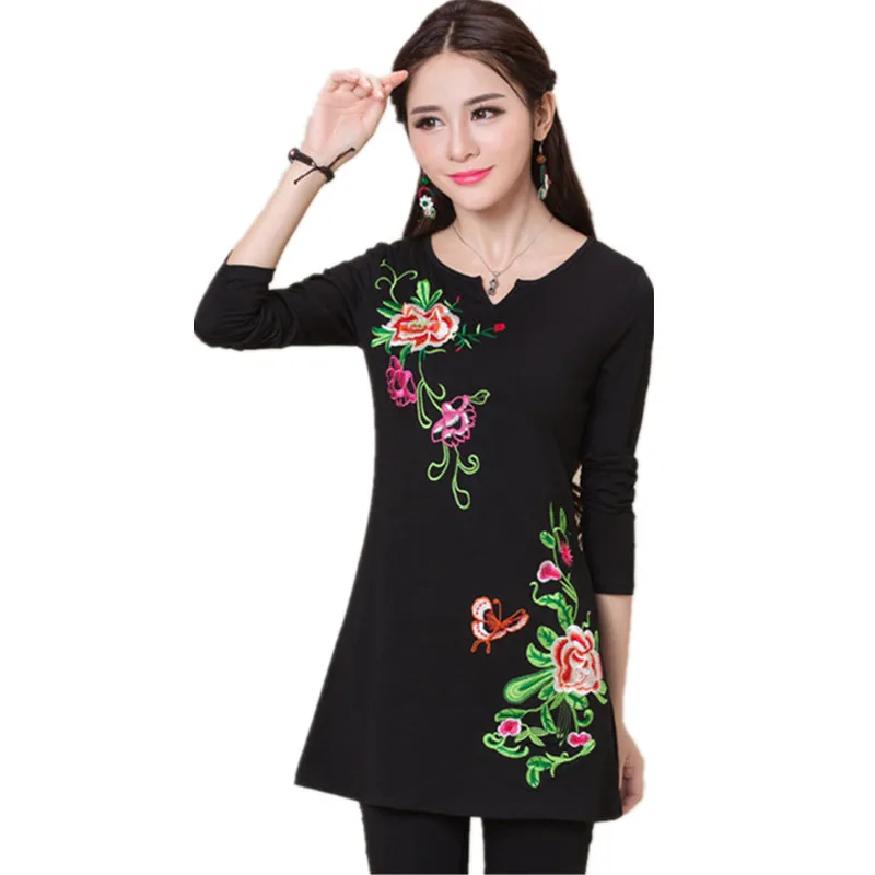 Long Sleeve Black i Весенне-летняя женская футболка 4XL с вышивкой, черные, белые, Blusas Feminina, хлопковая футболка, качественная Элегантная футболка - Цвет: Long Sleeve Black i