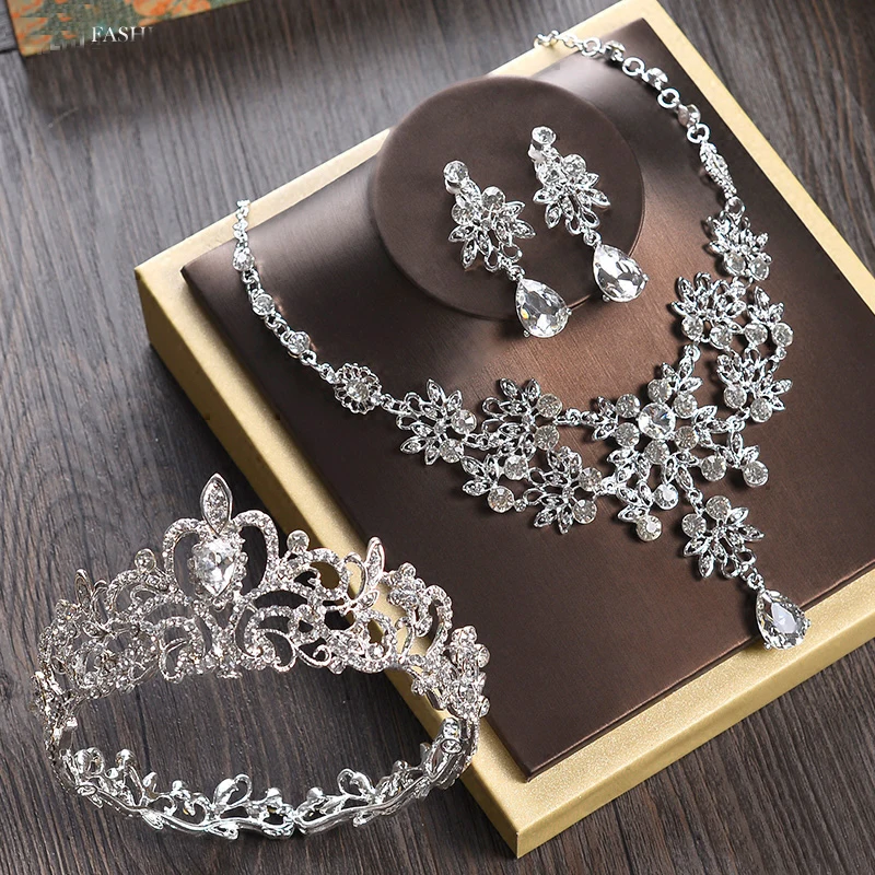 Strass Coroas e Tiaras de Cabelo Joias Conjuntos Colar Brincos Cor Branca головные уборы Nupcial Acessorios Para A