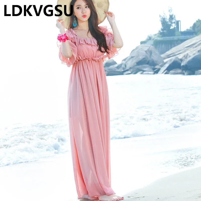 Женское длинное пляжное платье Is382 розовое на бретельках с шифоновым воротником