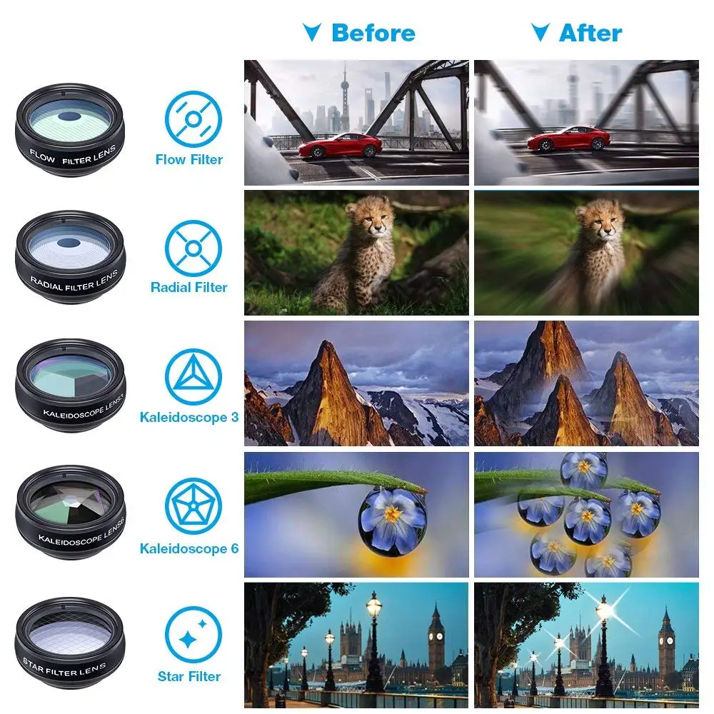 10 in 1 Cell Phone Camera Lens Kit Zoom Telephoto Fisheye Wide Angle 15x Macro +CPL/Flow/Radial/Star Filter for all phones | Мобильные