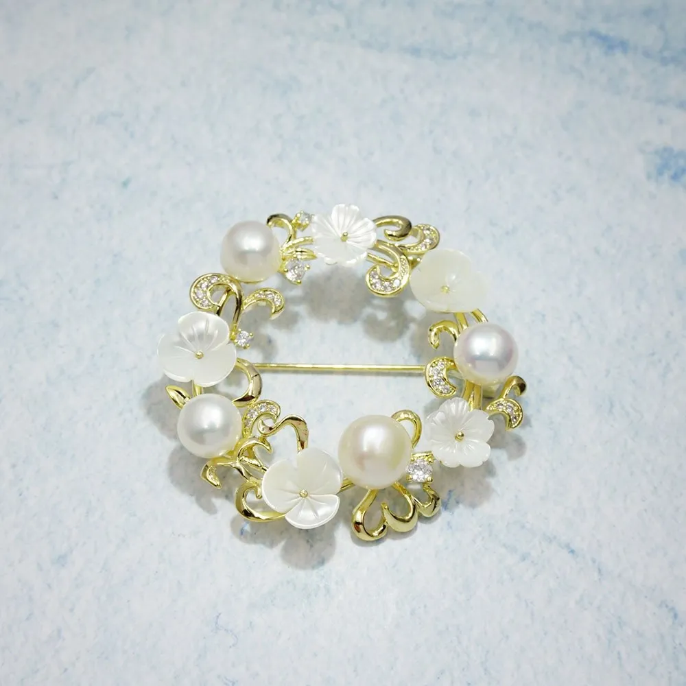 Romantic Zircon Flower Brooch Safety Pins Fashion Jewelry Shell Freshwater Pearl Brooches for Women Girls Wedding Gift | Украшения и