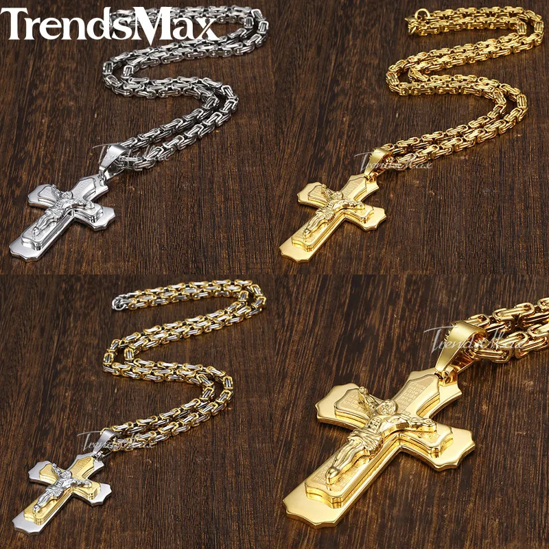Trendsmax, ожерелье с подвеской в виде Креста Иисуса для мужчин, золото, серебро, нержавеющая сталь, Византийская Коробка, цепочка, ожерелье, мужские ювелирные изделия, подарок KPM141