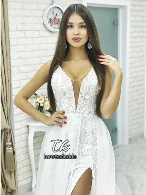 А-силуэт Vestido de Noiva v-образным вырезом развертки поезд белые кружевные свадебные платья с разрезом без рукавов платье невесты