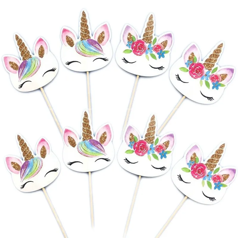 Cake Topper 24pcs Вечерние наборы посуды с изображением единорога из мультфильма, цвета: золотой, розовый, единорог, лошадь, детские принадлежности для вечеринки на день рождения, милый Подарочный пакет для салфеток, Декор - Цвет: Cake Topper 24pcs