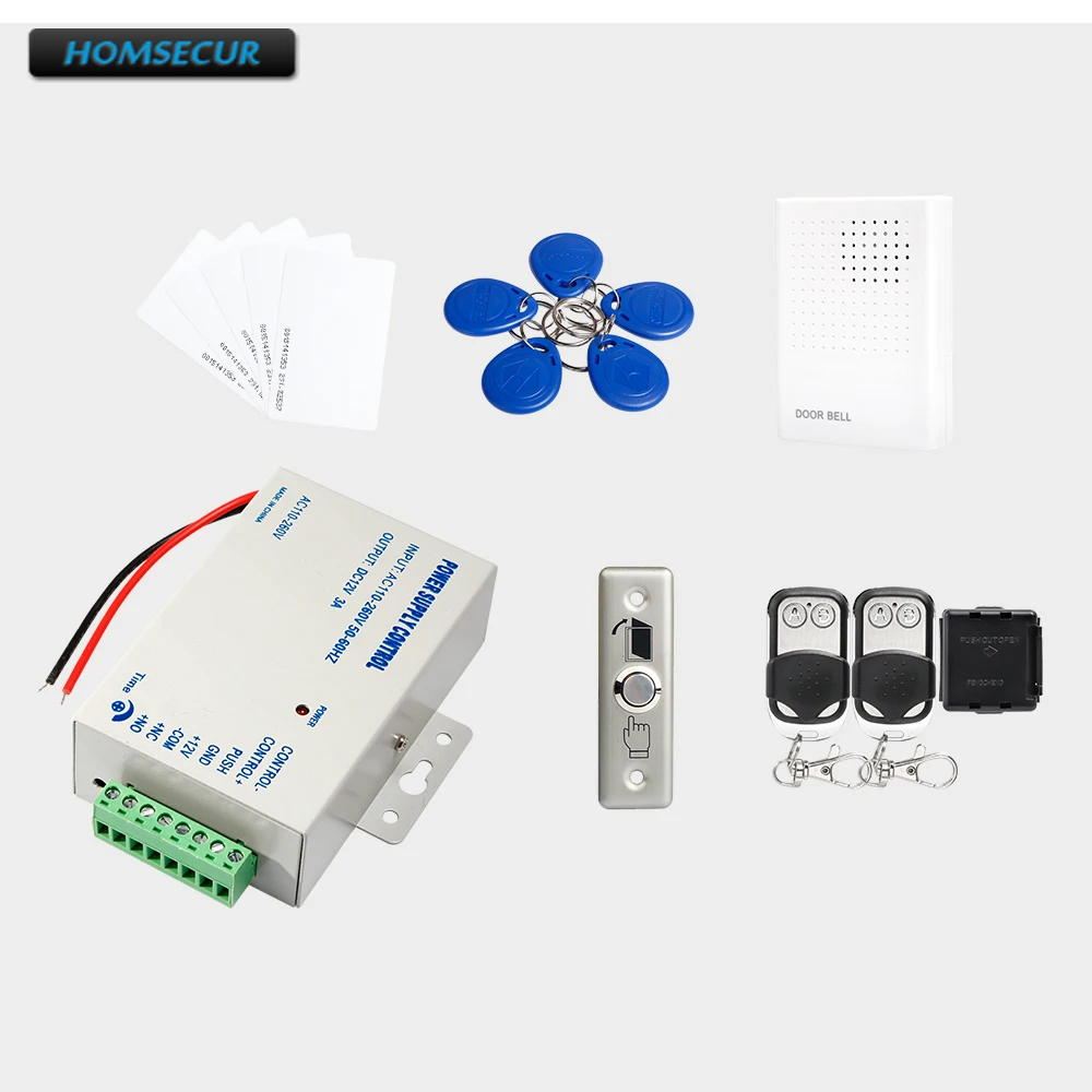 

HOMSECUR 5 шт. RFID карта + 5 шт. RFID брелок + блок питания + пульт дистанционного управления + проводной дверной звонок + металлическая кнопка выхода