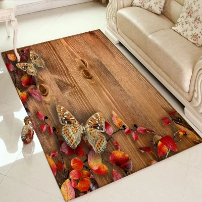 

Else Wood Autumn Red Flowers Butterfly Floral 3d Print Non Slip Microfiber Living Room Decorative Modern Washable Area Rug Mat