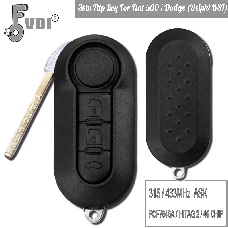 Складной дистанционный ключ 315/433 МГц ASK/PCF7946A/HITAG 2/46 чип 3btn флип для Fiat 500/Dodge (Delphi