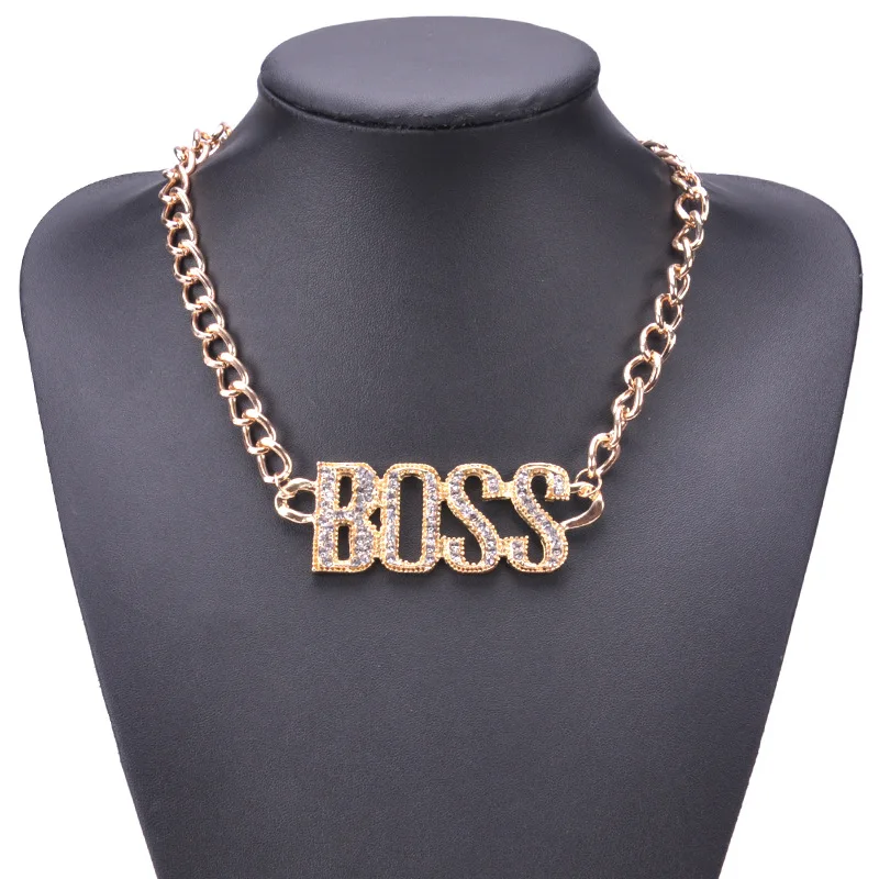 Yidensy Punk Crystal Letter Boss Pendant Necklaces Gold Silver Color Wide Flat Chain Necklace Hip Hop Jewelry for Men Women