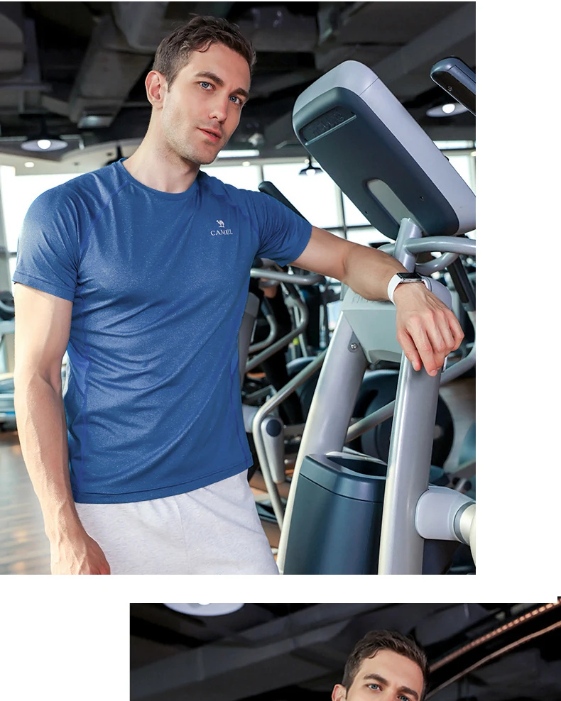 CAMEL Gym T-Shirts Dry Fit Men Sports Fitness Training Outdoor Workout Short Sleeve High Elastic Crossfit Tops Tights