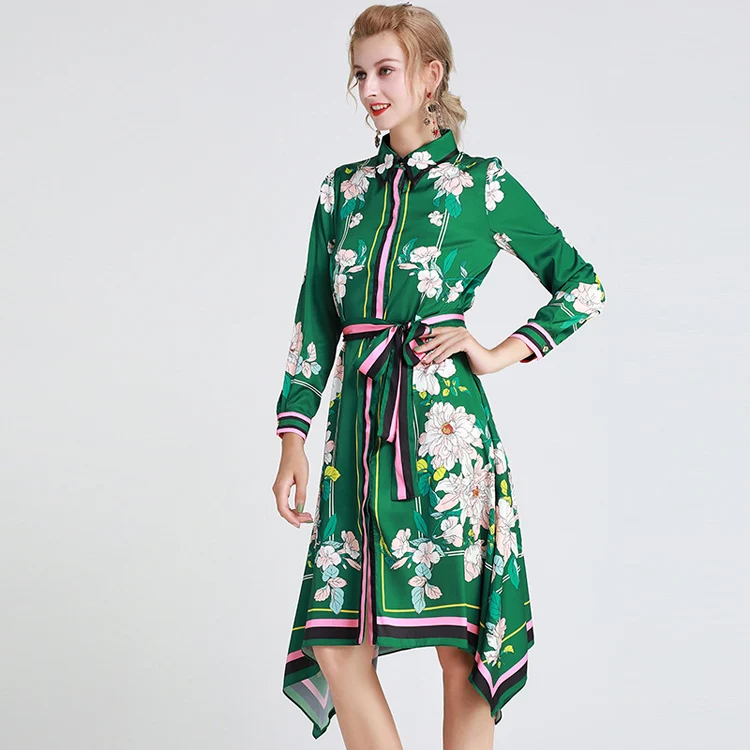 Women's Runway Dresses Turn Down Collar Long Sleeves Floral Printed Sash Belt Striped Asymmetrical Fashion Casual | Женская одежда