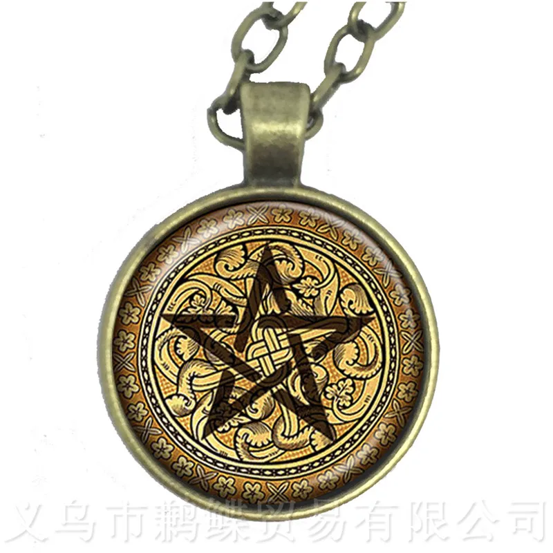 

Mystic Pentacle Satanic Necklace Glass Cabochon Goth Pendant Wiccan Star Accessories Pray For Happiness Gift For Friends