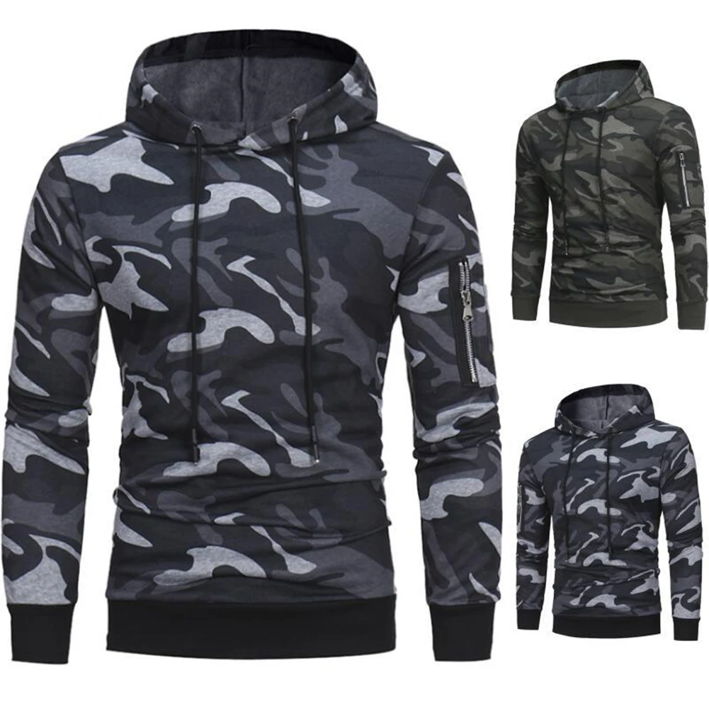 Повседневное модные Для мужчин осень камуфляж печати Slim Fit пуловер Drawstring Hoodie|fashion