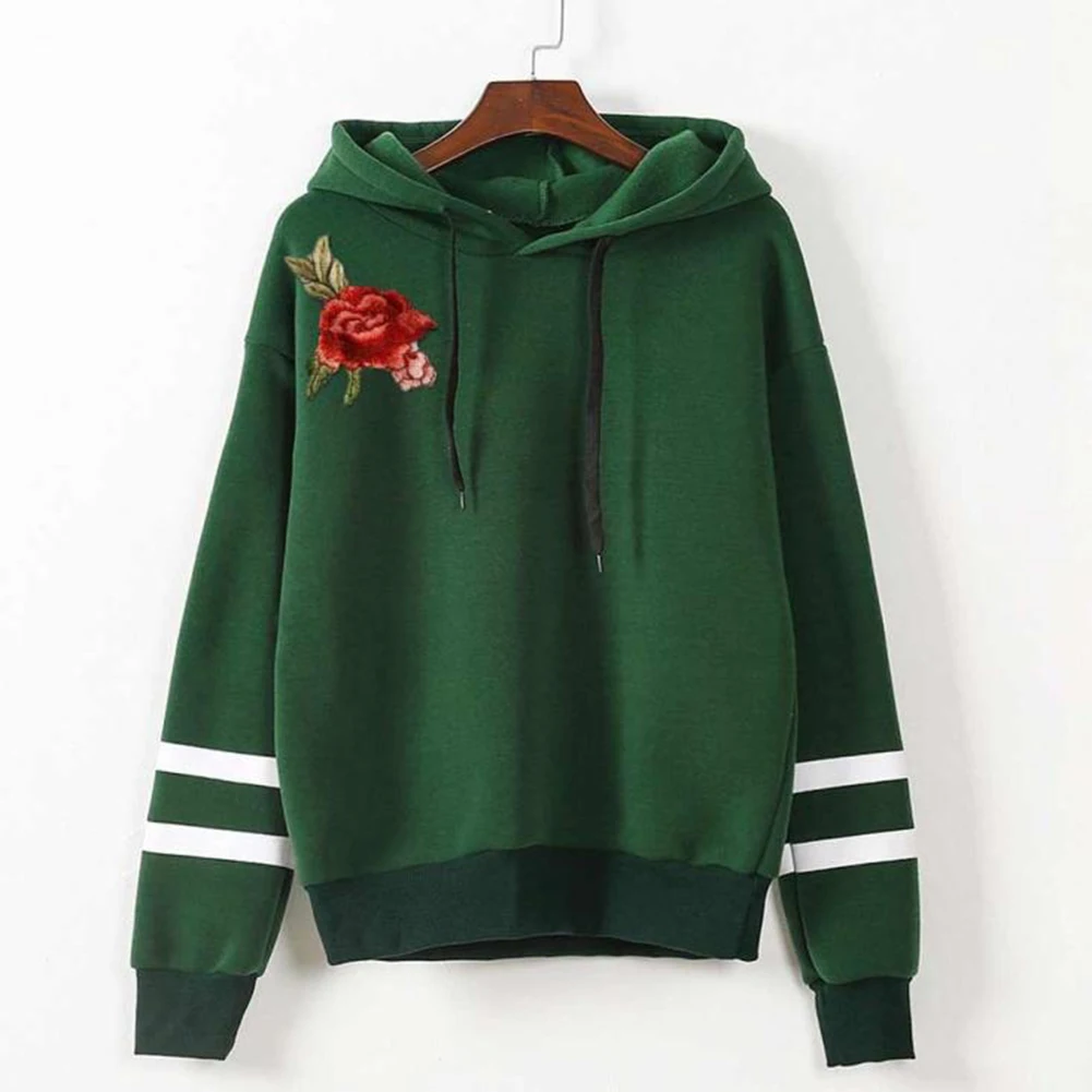 Женская Мода Роза Вышивка свитер с капюшоном пуловер длинными рукавами Мягкий