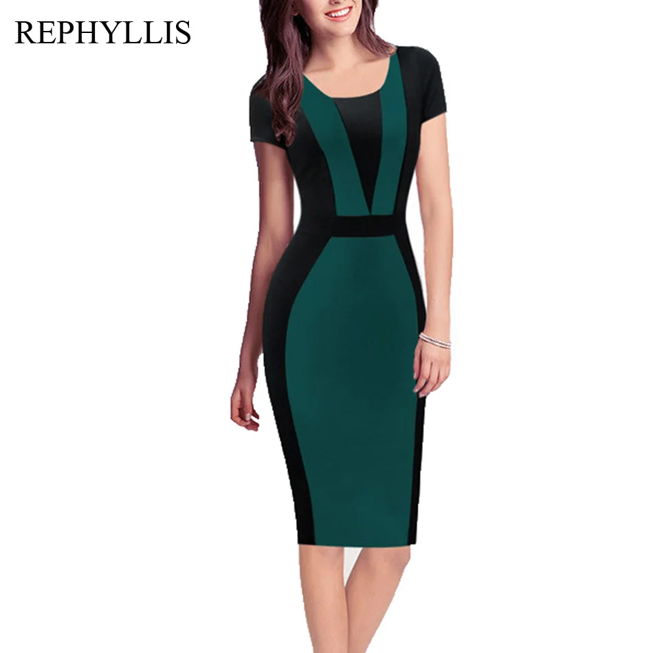 Green REPHYLLIS женское контрастное цветное платье с круглым вырезом и коротким рукавом, одежда для работы, элегантное офисное платье-карандаш, платья - Color: Green