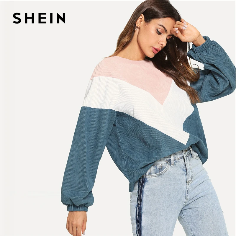 SHEIN разноцветная толстовка с вышивкой и шевроном, элегантный дизайн, круглый вырез, рукава Бишопа, пуловеры, женские осенние цветные толстовки