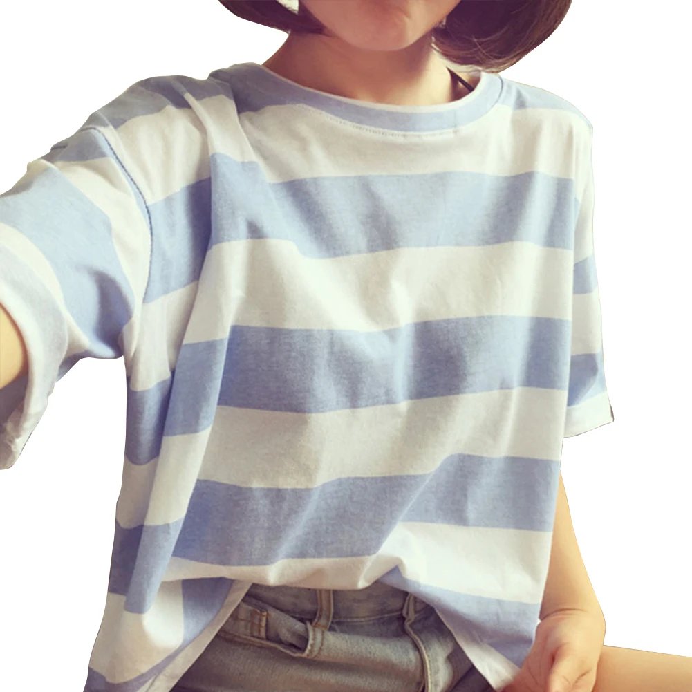 Женская футболка с коротким рукавом и круглым вырезом|striped top|t shirtcrew neck |
