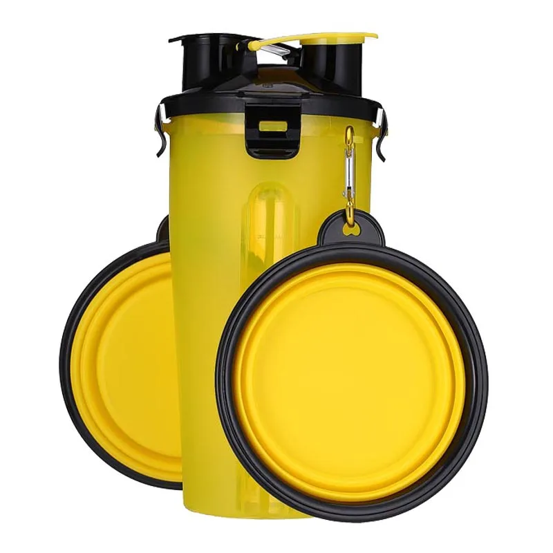 Yellow2 Портативный бутылка для воды для собак и Еда контейнер 2-в-1 с складная миска для собак для кошек домашних животных щенков путешествия воды раздаточная чашка PW016 - Цвет: Yellow2