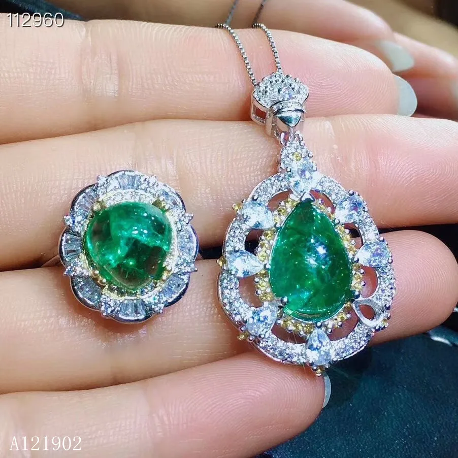 

KJJEAXCMY exquisite jewelry 925 sterling silver inlaid natural treasure Emerald Pendant ring 2 pieces suit support detection