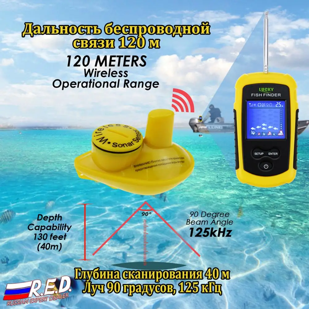 lucky FFCW1108-1 эхолот Русская версия беспроводного эхолота эхолот беспроводной для рыбалки дальность беспроводной связи 120 м глубина сканирования 40 м инструкция на Русском языке по России от 2 дней