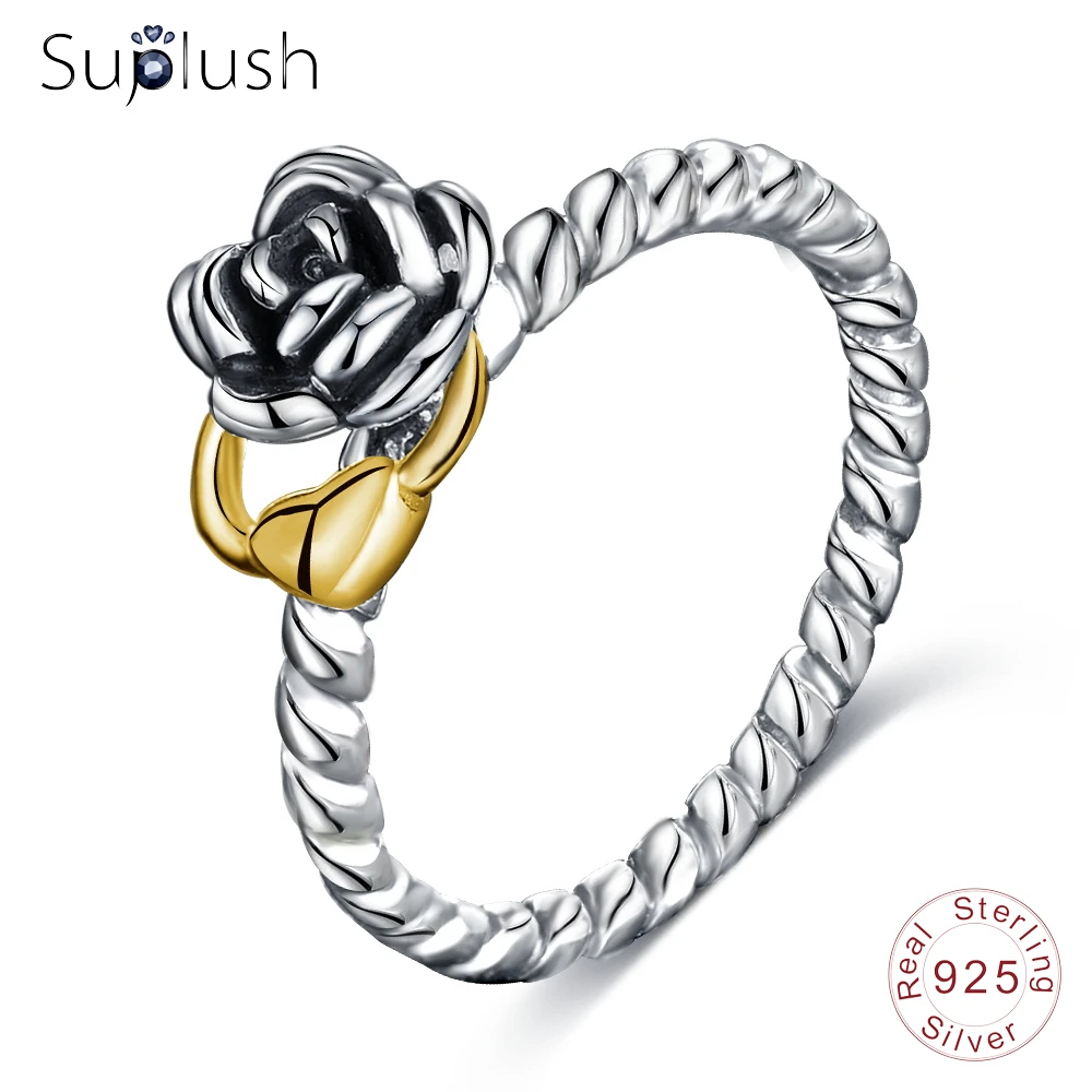 Suplush 925 пробы серебряные кольца с цветочным рисунком розы сердце золотистого