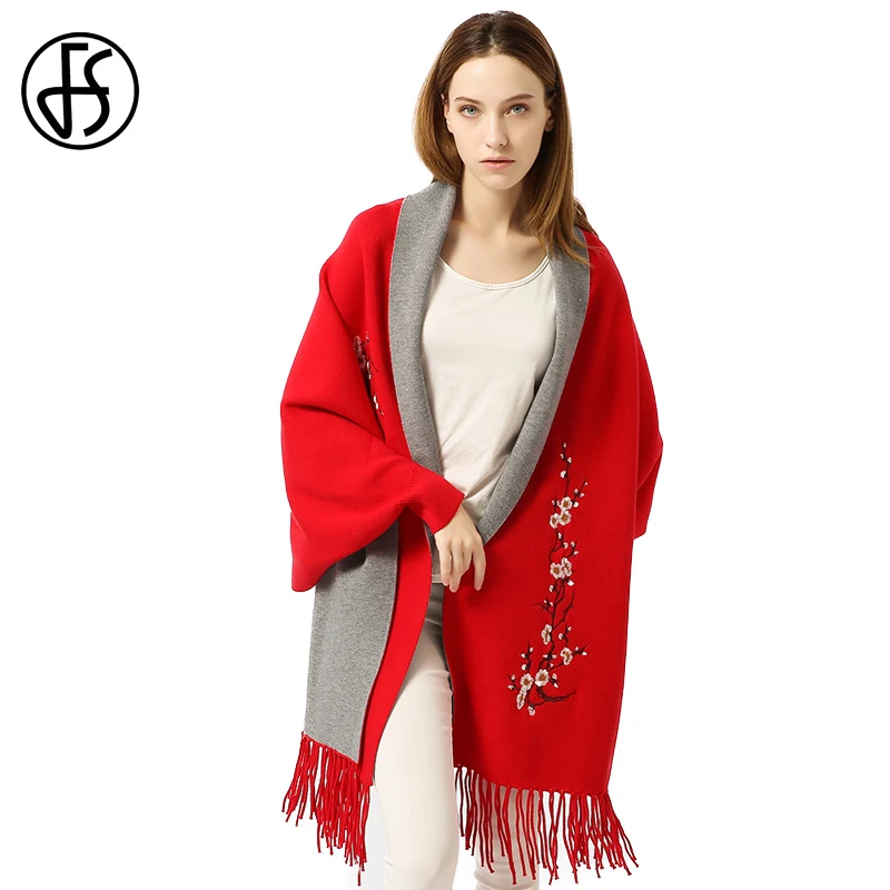 FS пончо Femme Hiver шаль шарф женский Inverno пальто кисточкой пашмины кардиган вышивка