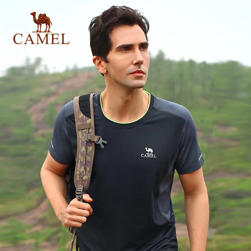 CAMEL, мужские профессиональные спортивные футболки, дышащие, впитывающие пот, быстросохнущие, для бега на открытом воздухе, с круглым вырезом, топы с коротким рукавом